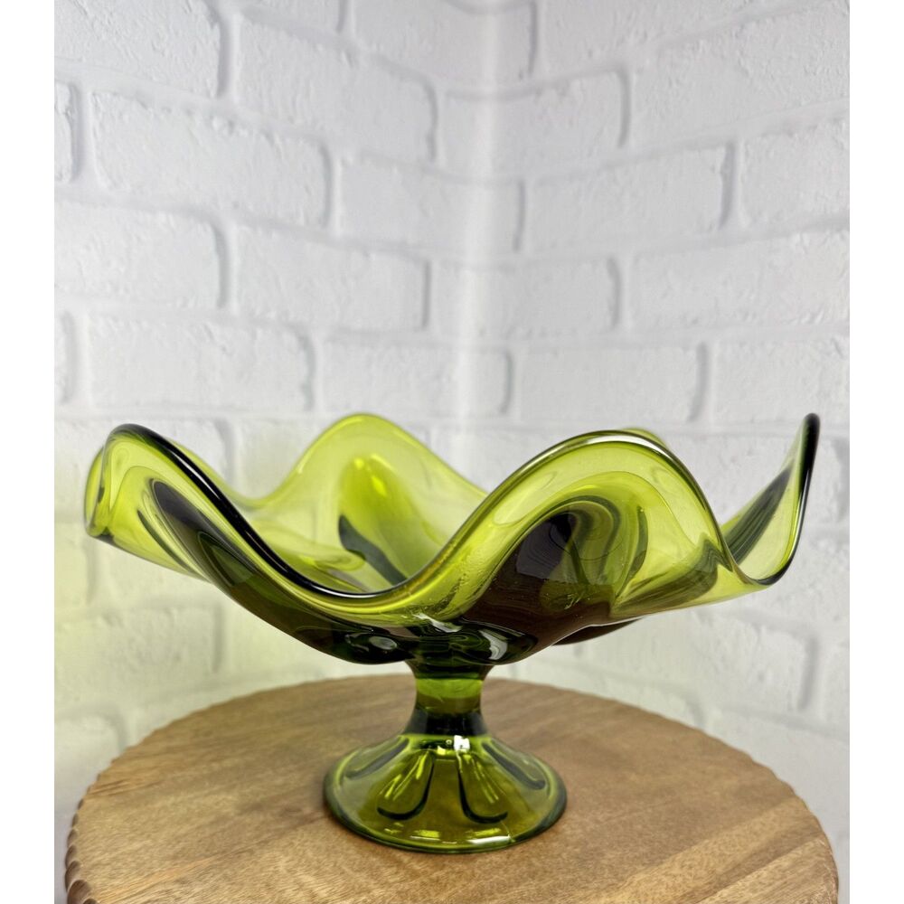 Vintage XLarge MCM Viking Epic 6 Petal Large Green Art Glass Footed Dish Compote